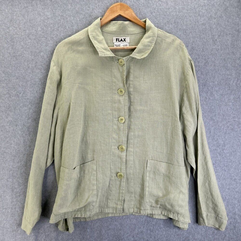 FLAX Long Sleeve Button Down‎ Collared Linen Blouse Shirt Large Pale Sage Green